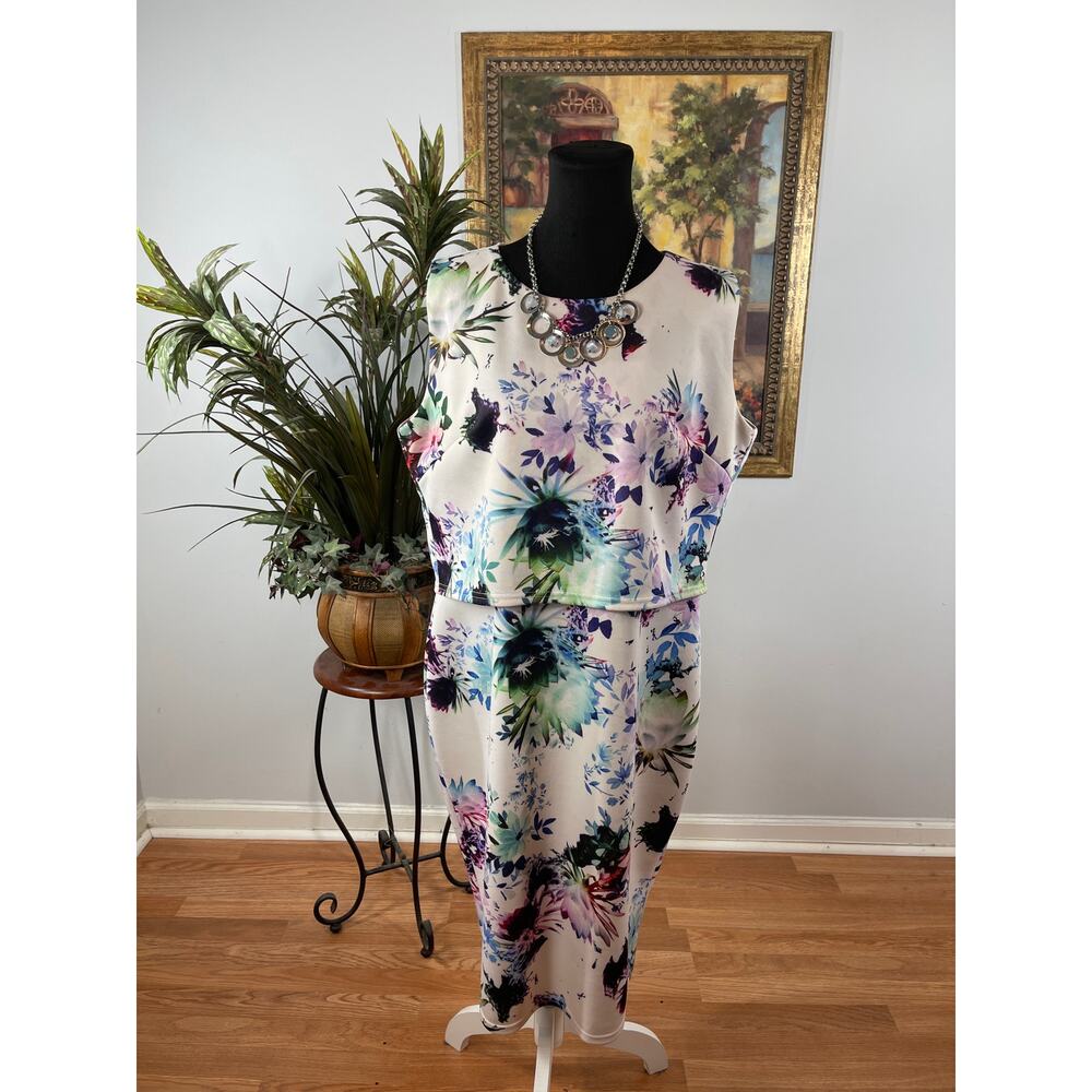 AX Paris Bodycon Dress Women's Size 20 White Abstract Floral Coastal Grandmother